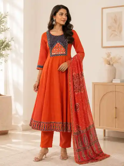 Orange mulchanderi anarkali  - UNNATI NX HOSIERY & FASHION