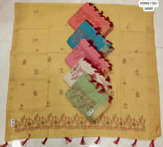 Soft cotton sarees with worli embroidery  - SARASWATI SAREES